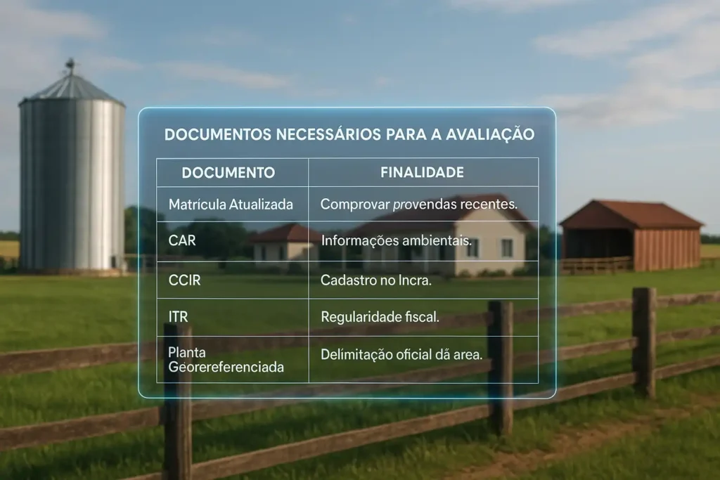 Lista de documentos necessários para avaliação de imóveis rurais com finalidades específicas