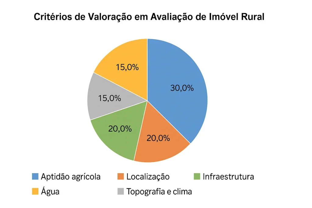 Gráfico de pizza com critérios de valoração na avaliação de imóvel rural, destacando aptidão agrícola, localização, infraestrutura, topografia e água