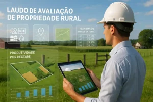Engenheiro realizando laudo de avaliação de propriedade rural com tablet, apresentando gráficos de produtividade, preços da terra e mapa georreferenciado