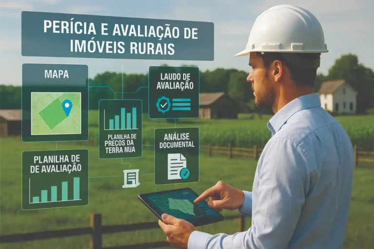 Engenheiro realizando perícias e avaliações de imóveis rurais com projeção digital de mapas, gráficos e laudos técnicos.
