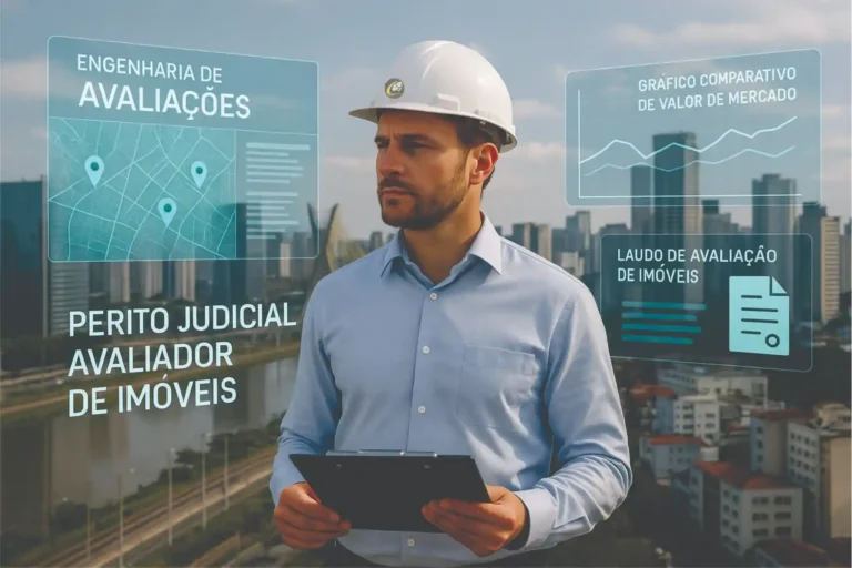 Perito Avaliador de Imóveis em São Paulo SP analisando laudos e gráficos comparativos de mercado imobiliário