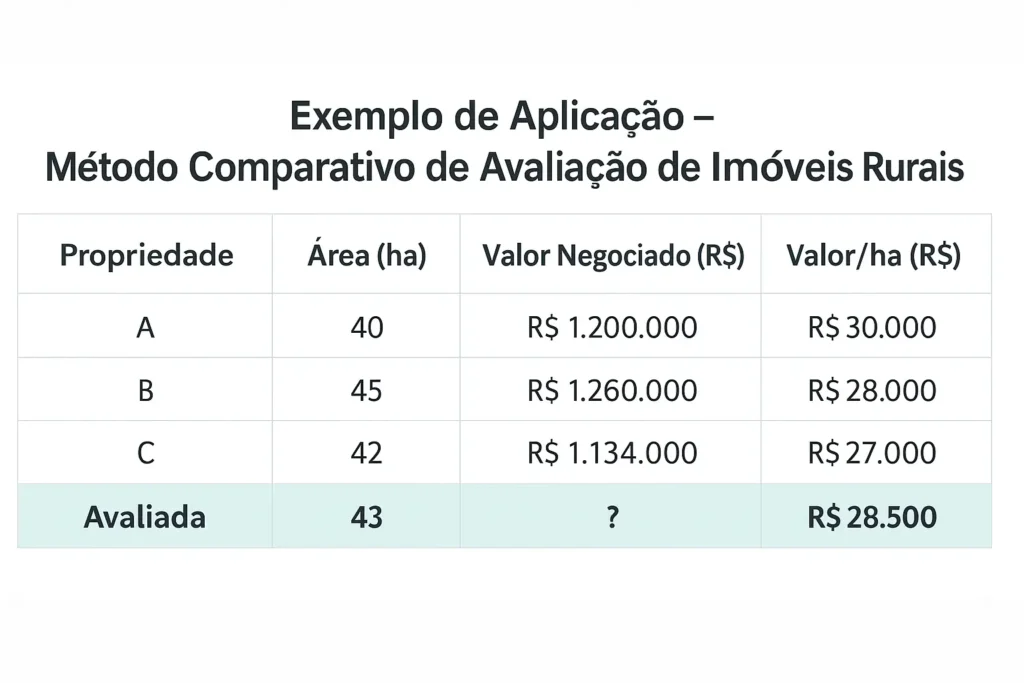 Exemplo de aplicação do método comparativo de avaliação de imóveis rurais com tabela de área, valor negociado e valor por hectare