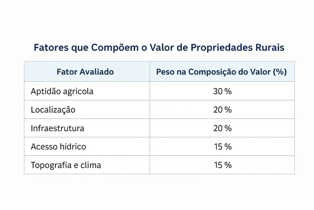 Tabela com os fatores que compõem o valor de propriedades rurais, incluindo aptidão agrícola, localização, infraestrutura, acesso hídrico e topografia