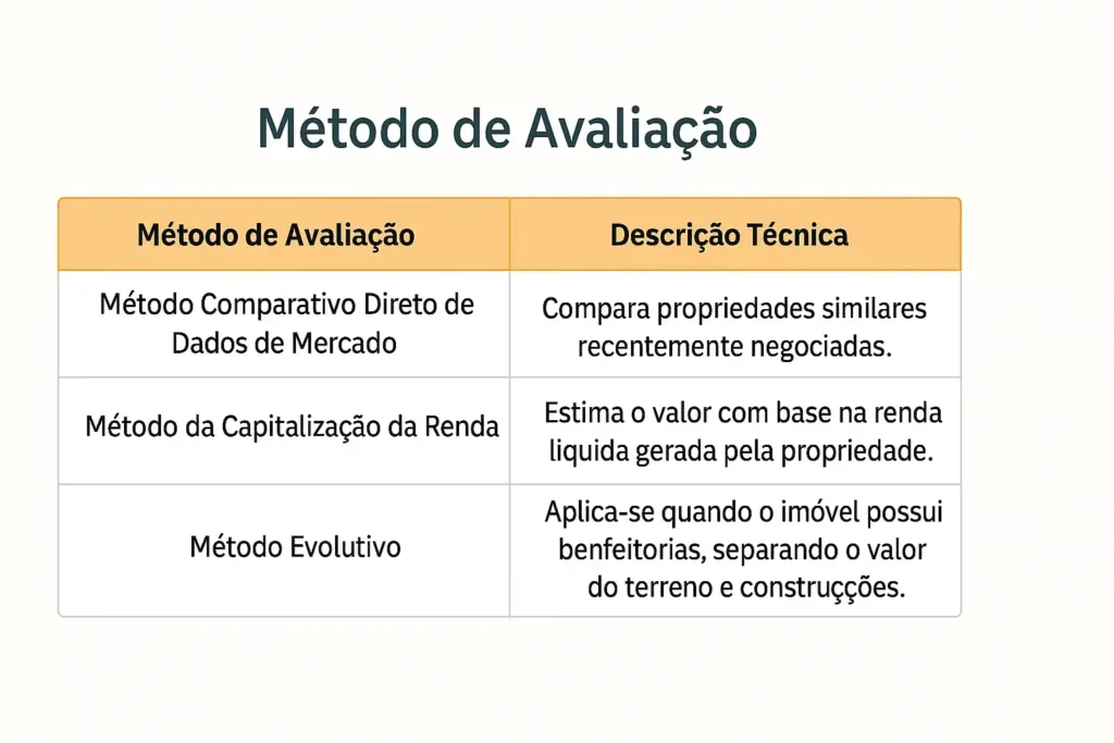 Tabela com métodos de avaliação de imóveis rurais segundo a NBR 14653: comparativo, capitalização da renda e evolutivo