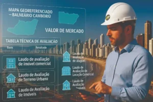 Engenheiro realizando Avaliação de Imóveis em Balneário Camboriú com mapa georreferenciado e laudos técnicos