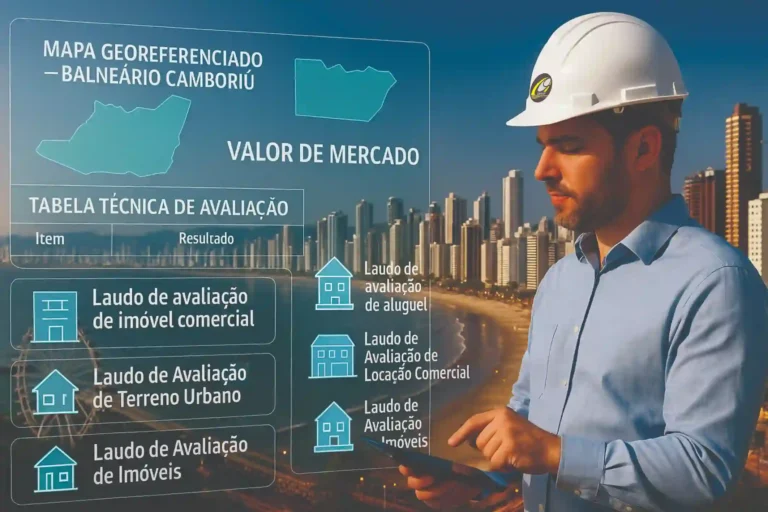Engenheiro realizando Avaliação de Imóveis em Balneário Camboriú com mapa georreferenciado e laudos técnicos