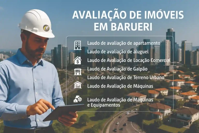 Engenheiro realizando Avaliação de Imóveis em Barueri com tablet, destacando serviços de laudos imobiliários e avaliações técnicas