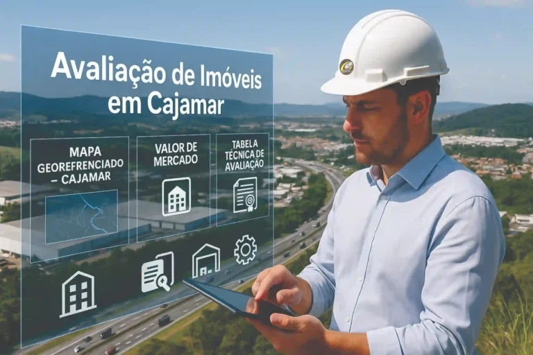 Engenheiro avaliador de imóveis em Cajamar utilizando tablet com projeções em realidade aumentada de avaliação imobiliária