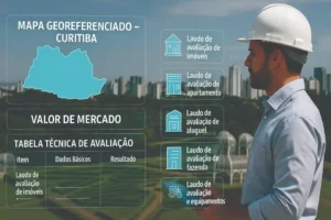 Engenheiro analisando dados técnicos de Avaliação de Imóveis em Curitiba com mapa georreferenciado e laudos imobiliários