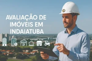 Engenheiro avaliador interagindo com projeções em realidade aumentada sobre Avaliação de Imóveis em Indaiatuba, com ícones de laudos e vista panorâmica da cidade