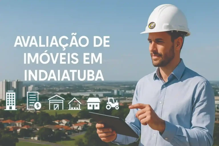 Engenheiro avaliador interagindo com projeções em realidade aumentada sobre Avaliação de Imóveis em Indaiatuba, com ícones de laudos e vista panorâmica da cidade