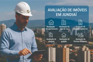 Engenheiro avaliador utilizando tablet com serviços de Avaliação de Imóveis em Jundiaí, incluindo apartamentos, lojas, galpões e terrenos urbanos