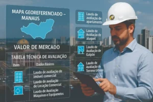 Engenheiro civil com tablet analisando laudo técnico de Avaliação de Imóveis em Manaus com projeções em realidade aumentada e vista do Teatro Amazonas e Rio Negro ao fundo