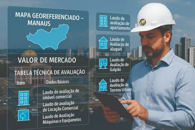 Engenheiro civil com tablet analisando laudo técnico de Avaliação de Imóveis em Manaus com projeções em realidade aumentada e vista do Teatro Amazonas e Rio Negro ao fundo