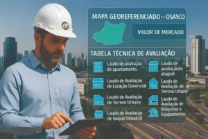 Engenheiro civil com tablet analisando Avaliação de Imóveis em Osasco com textos em realidade aumentada e vista urbana da cidade ao fundo
