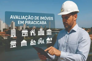 Engenheiro civil utilizando tablet com projeções em realidade aumentada exibindo Avaliação de Imóveis em Piracicaba, diante do skyline da cidade com Rio Piracicaba e Ponte Estaiada.