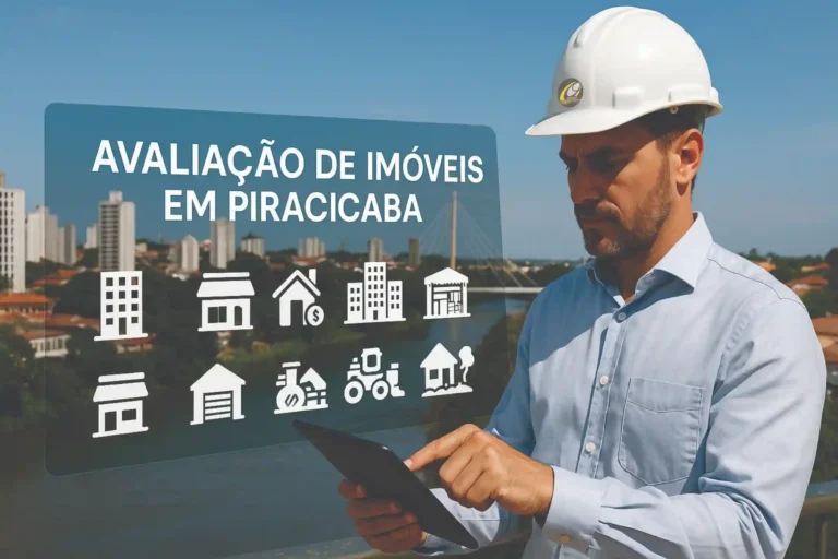 Engenheiro civil utilizando tablet com projeções em realidade aumentada exibindo Avaliação de Imóveis em Piracicaba, diante do skyline da cidade com Rio Piracicaba e Ponte Estaiada.