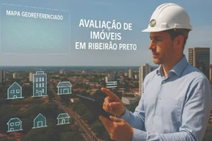 Engenheiro avaliador de imóveis em Ribeirão Preto utilizando tablet com projeções em realidade aumentada e ícones técnicos de laudos imobiliários
