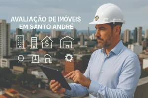 Engenheiro civil com capacete branco utilizando tablet, com projeções em realidade aumentada sobre Avaliação de Imóveis em Santo André, diante do skyline da cidade