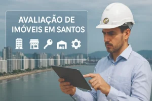 Engenheiro com tablet e skyline de Santos em realidade aumentada, com título Avaliação de Imóveis em Santos e ícones de tipos de laudos