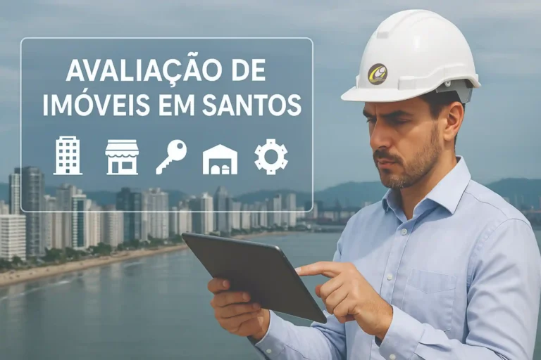 Engenheiro com tablet e skyline de Santos em realidade aumentada, com título Avaliação de Imóveis em Santos e ícones de tipos de laudos