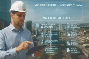 Engenheiro civil utilizando tablet com projeções em realidade aumentada sobre Avaliação de Imóveis em São Bernardo do Campo
