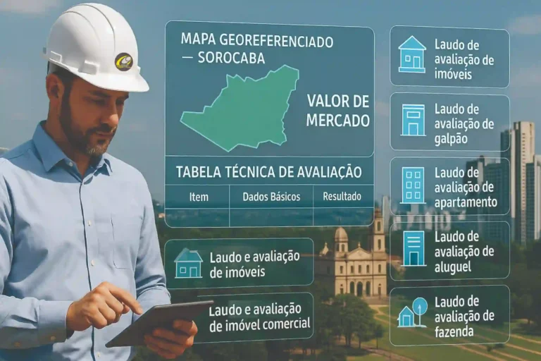 Engenheiro realizando Avaliação de Imóveis em Sorocaba com mapa georreferenciado e laudos técnicos