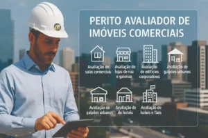 Engenheiro perito avaliador de imóveis comerciais utilizando tablet para análise técnica de salas, lojas, edifícios corporativos, galpões, hotéis e flats