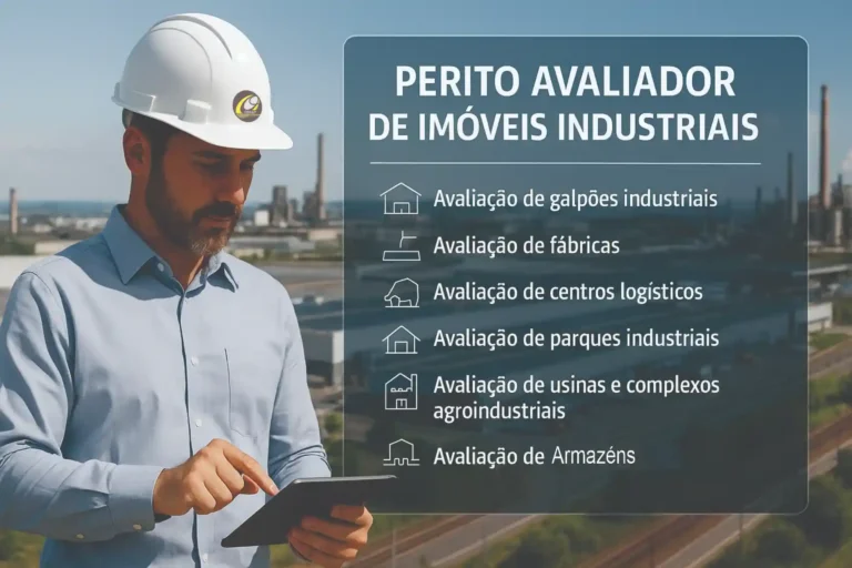 Perito Avaliador de Imóveis Industriais elaborando laudos técnicos de galpões, fábricas, centros logísticos, parques industriais, usinas e armazéns