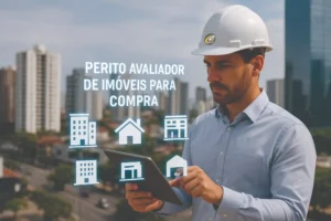 Engenheiro perito avaliador de imóveis para compra interagindo em tablet com projeções em realidade aumentada e ícones técnicos de avaliação imobiliária