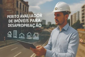 Engenheiro civil com tablet projetando em realidade aumentada o texto “Perito Avaliador de Imóveis para Desapropriação”, com ícones de diferentes tipos de imóveis