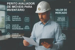 Perito avaliador de imóveis para inventário analisando documentos e tablet com projeções em realidade aumentada sobre laudos de avaliação