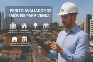 Engenheiro com capacete analisando laudos técnicos em tablet, representando o trabalho de perito avaliador de imóveis para venda em áreas urbanas e comerciais