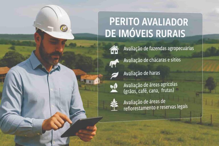 Engenheiro perito avaliador de imóveis rurais utilizando tablet em fazenda, com destaque para avaliação de áreas agrícolas, chácaras e haras