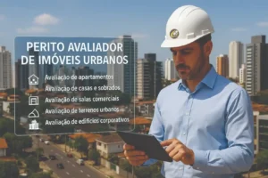 Engenheiro perito avaliador de imóveis urbanos utilizando tablet, com destaque para avaliação de apartamentos, casas, salas comerciais e terrenos