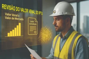 Engenheiro civil com capacete branco sem logotipo analisa projeção holográfica com gráficos e documentos de avaliação imobiliária em ambiente corporativo moderno