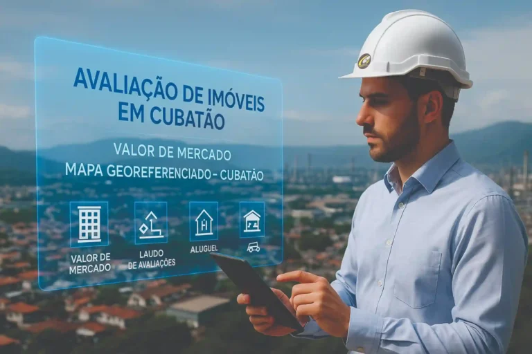 Engenheiro avaliador analisa projeções em realidade aumentada sobre avaliação de imóveis em Cubatão, com ícones técnicos de diferentes tipos de laudos.