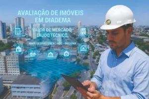 Engenheiro civil realiza Avaliação de Imóveis em Diadema com projeções em realidade aumentada mostrando valor de mercado, laudo técnico e mapa georreferenciado