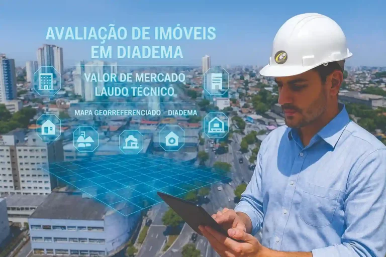 Engenheiro civil realiza Avaliação de Imóveis em Diadema com projeções em realidade aumentada mostrando valor de mercado, laudo técnico e mapa georreferenciado
