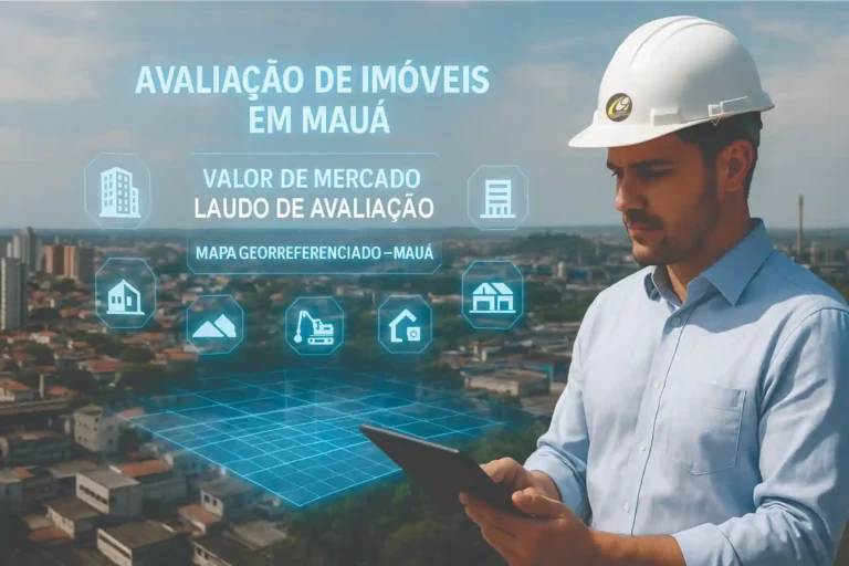 Engenheiro civil realiza Avaliação de Imóveis em Mauá com projeções em realidade aumentada exibindo valor de mercado, laudo de avaliação e mapa georreferenciado