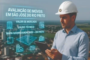 Engenheiro civil analisa projeções em realidade aumentada sobre avaliação de imóveis em São José do Rio Preto com mapa georreferenciado e ícones técnicos.