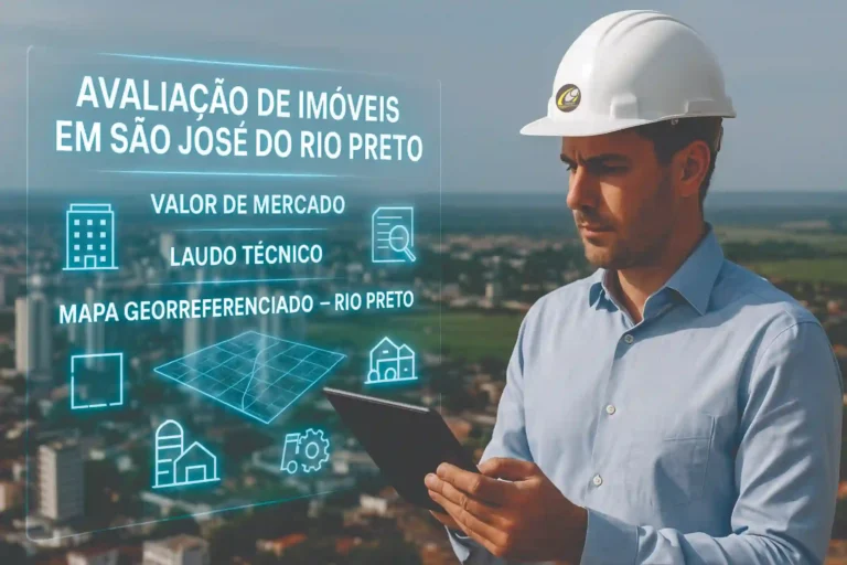 Engenheiro civil analisa projeções em realidade aumentada sobre avaliação de imóveis em São José do Rio Preto com mapa georreferenciado e ícones técnicos.