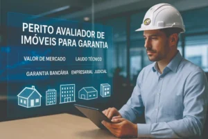 Perito avaliador de imóveis analisa projeções em realidade aumentada sobre valor de mercado, laudo técnico e garantias bancárias, empresariais e judiciais