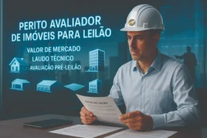 Perito avaliador de imóveis analisa edital de leilão com projeções em realidade aumentada sobre valor de mercado, laudo técnico e avaliação pré-leilão