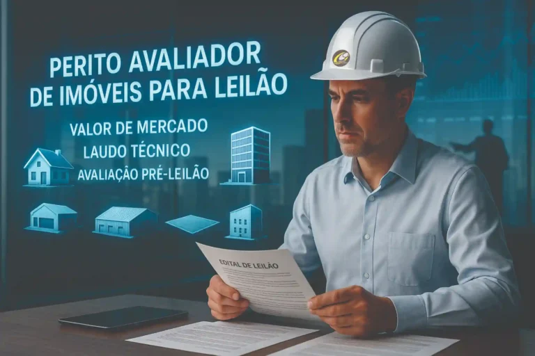 Perito avaliador de imóveis analisa edital de leilão com projeções em realidade aumentada sobre valor de mercado, laudo técnico e avaliação pré-leilão