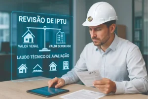 Perito avaliador de imóveis analisa carnê de IPTU com projeções em realidade aumentada sobre revisão tributária