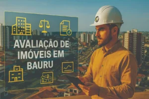 Engenheiro analisando projeções em RA sobre Avaliação de Imóveis em Bauru com vista panorâmica da cidade ao fundo.