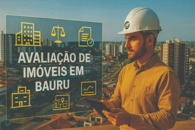Engenheiro analisando projeções em RA sobre Avaliação de Imóveis em Bauru com vista panorâmica da cidade ao fundo.