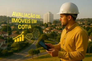 Engenheiro civil realizando avaliação de imóveis em Cotia com projeção em realidade aumentada exibindo análise de mercado e mapa urbano
