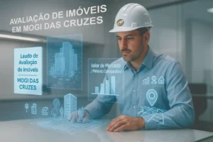 Engenheiro da OBRAP realiza avaliação de imóveis em Mogi das Cruzes com projeções holográficas de Realidade Aumentada mostrando laudo técnico, valor de mercado e método comparativo